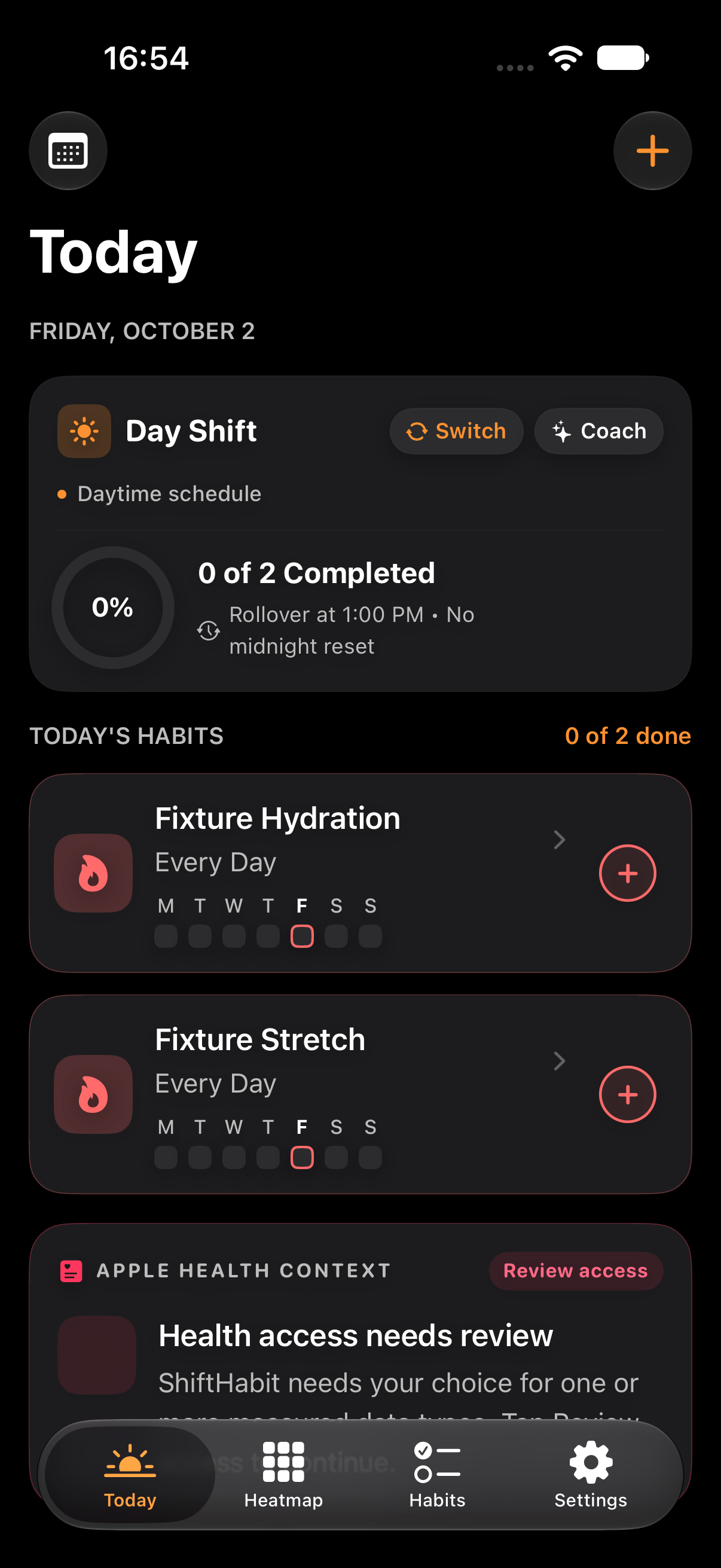 Today screen in dark mode, inside an iPhone frame